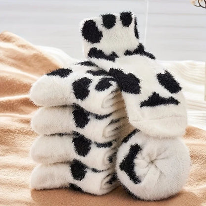 2 Pairs Cute Cow Spots Print Socks, Thickened & Warm Coral Fleece Socks, Women'S Stockings & Hosiery