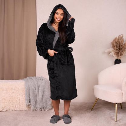 Sienna Ladies Mens Long Hooded Dressing Gown Soft Flannel Fleece Sherpa Bathrobe