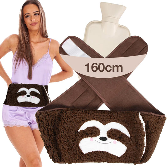 Extra Long 160 Cm Hot Water Bottle Belt with Plush Waist Cover for Targeted Neck, Shoulder, Back, and Leg Warmth – Adjustable, 1 Litre Capacity, Safe & Cozy - Sloth Design