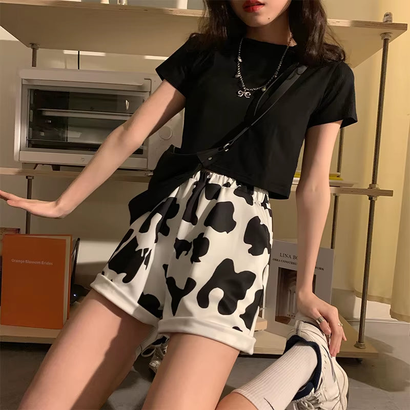 Shorts Womens Elastic Waist Cow Printing Casual Loose Harajuku Streetwear Soft Girls Harjuku Korean Style Ulzzang Female Clothes