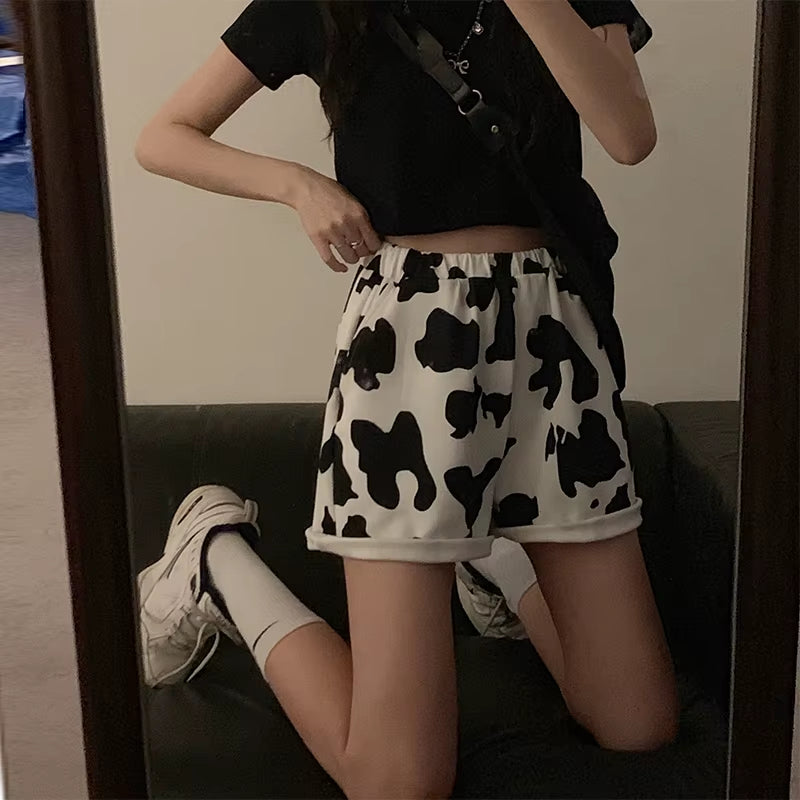 Shorts Womens Elastic Waist Cow Printing Casual Loose Harajuku Streetwear Soft Girls Harjuku Korean Style Ulzzang Female Clothes