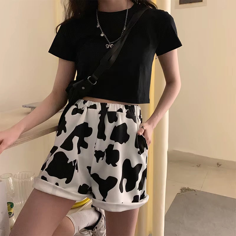 Shorts Womens Elastic Waist Cow Printing Casual Loose Harajuku Streetwear Soft Girls Harjuku Korean Style Ulzzang Female Clothes