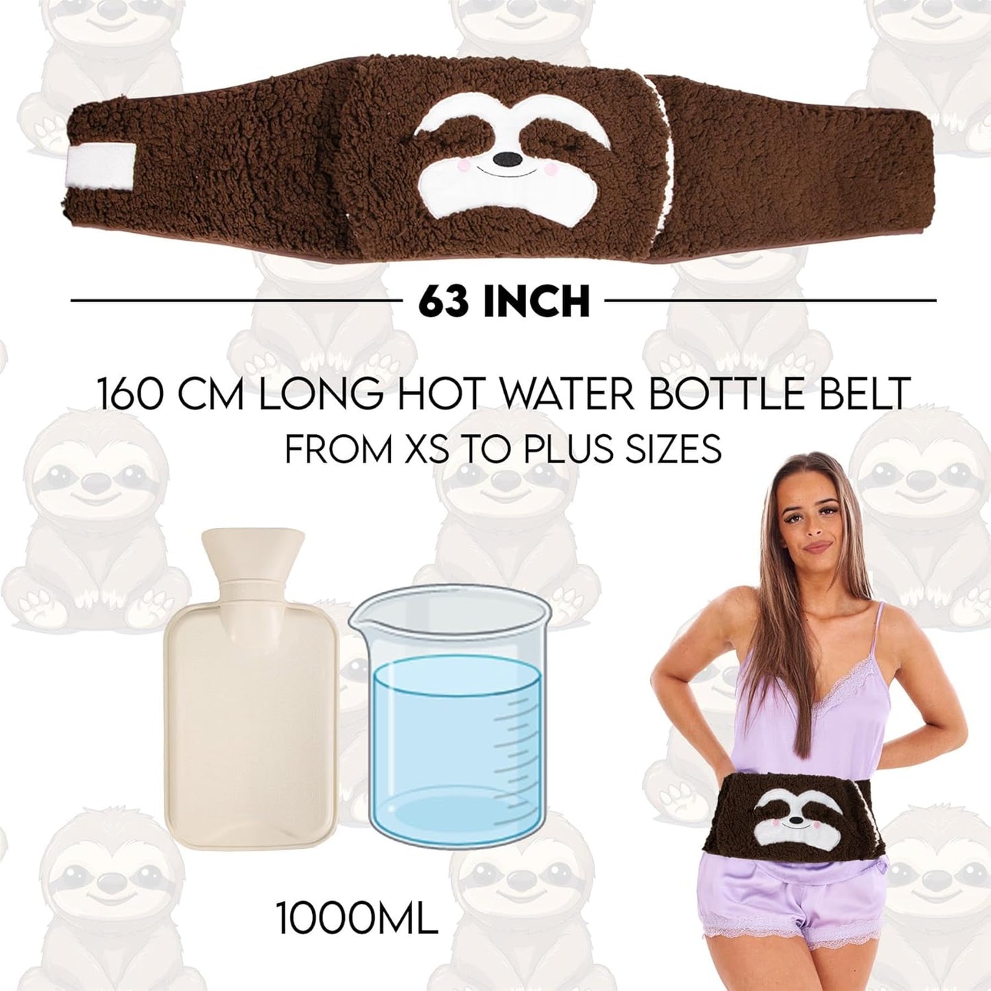 Extra Long 160 Cm Hot Water Bottle Belt with Plush Waist Cover for Targeted Neck, Shoulder, Back, and Leg Warmth – Adjustable, 1 Litre Capacity, Safe & Cozy - Sloth Design