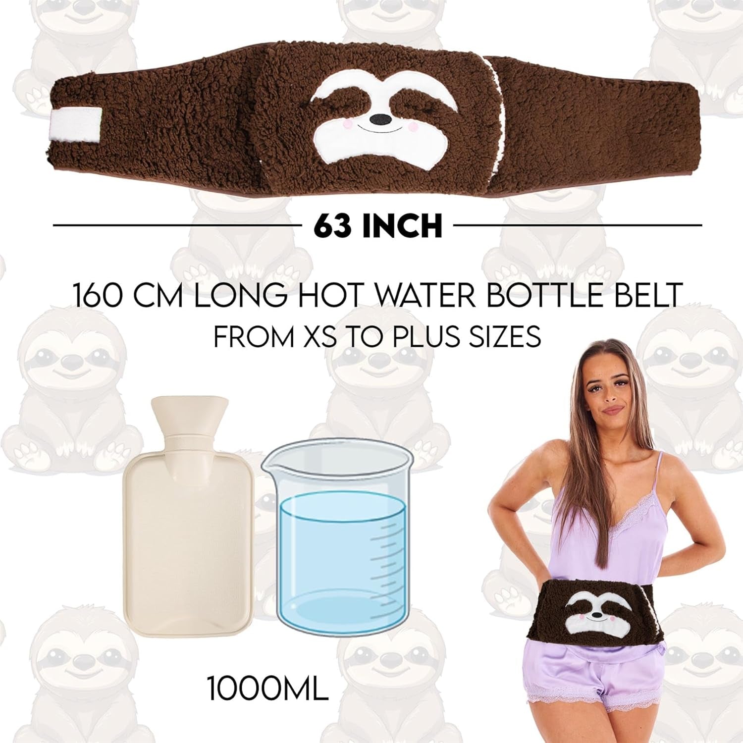 Extra Long 160 Cm Hot Water Bottle Belt with Plush Waist Cover for Targeted Neck, Shoulder, Back, and Leg Warmth – Adjustable, 1 Litre Capacity, Safe & Cozy - Sloth Design
