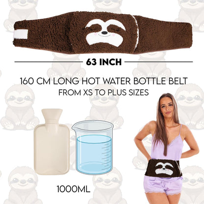 Extra Long 160 Cm Hot Water Bottle Belt with Plush Waist Cover for Targeted Neck, Shoulder, Back, and Leg Warmth – Adjustable, 1 Litre Capacity, Safe & Cozy - Sloth Design