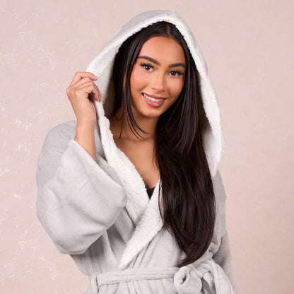 Sienna Ladies Mens Long Hooded Dressing Gown Soft Flannel Fleece Sherpa Bathrobe