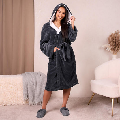 Sienna Ladies Mens Long Hooded Dressing Gown Soft Flannel Fleece Sherpa Bathrobe