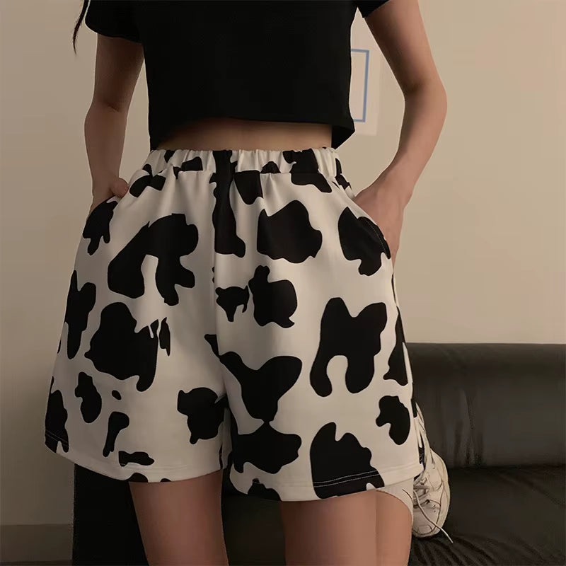 Shorts Womens Elastic Waist Cow Printing Casual Loose Harajuku Streetwear Soft Girls Harjuku Korean Style Ulzzang Female Clothes
